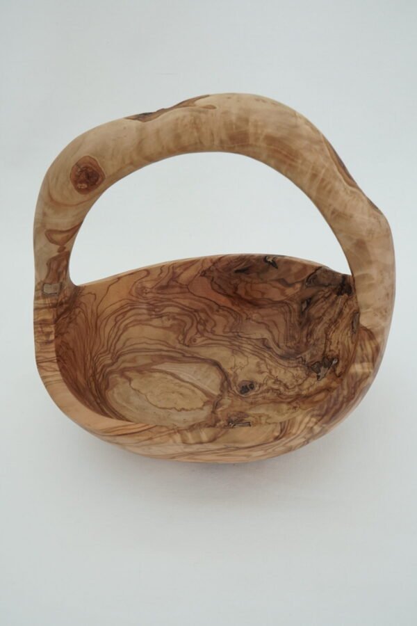Olive Wood Fruit Basket - In Use Olive wood fruit basket filled with fruit on kitchen counter