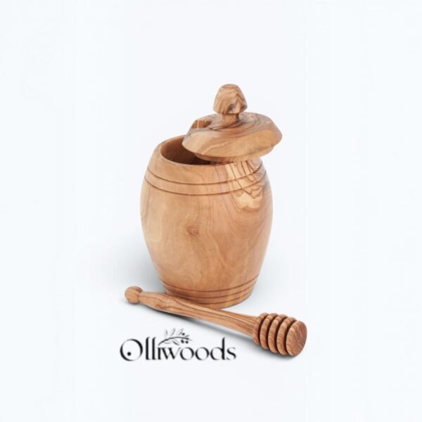 Handcrafted natural olive wood honey pot with dipper