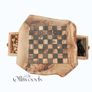 Handcrafted olive wood chess set with irregular rustic board