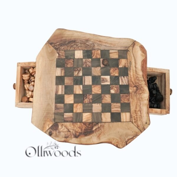 Handcrafted olive wood chess set with irregular rustic board