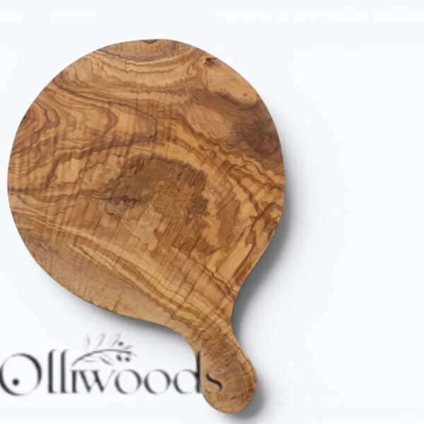 Olive Wood Round Pizza Board with Handle Round olive wood pizza board with an integrated handle