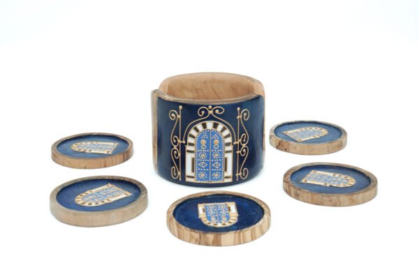 Olive wood coasters in use under glass mugs
