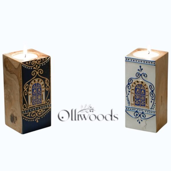 Olive Wood Painted Candlestick Hand-painted olive wood candlestick, Medina Collection