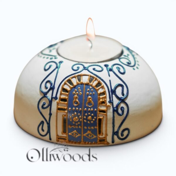Olive Wood Painted Candle Holder - Medina Collection Hand-painted olive wood candle holder, Medina Collection