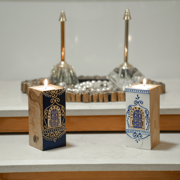 Hand-Painted Olive Wood Candle Holder Olive wood candlestick, white finish