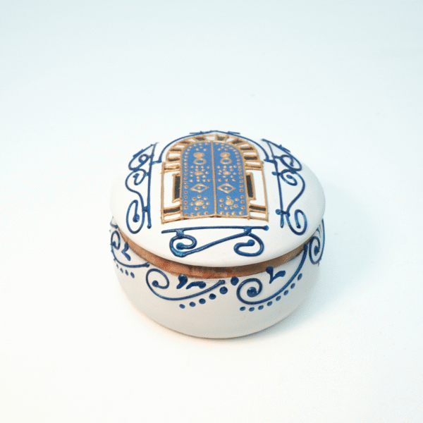 Olive wood painted jewelry box, open lid interior