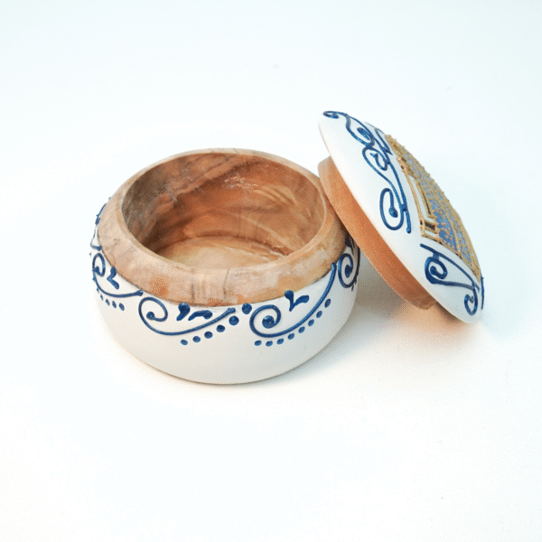 Olive wood painted jewelry box, size scale reference