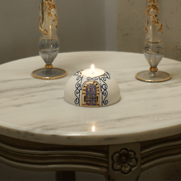 Round Painted Olive Wood Candle Holder 6 Hand-painted olive wood candle holder with lit candle