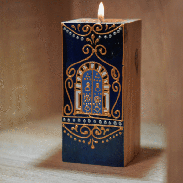 blue-Hand-Painted Olive Wood Candle Holder Olive wood candlestick, blue finish