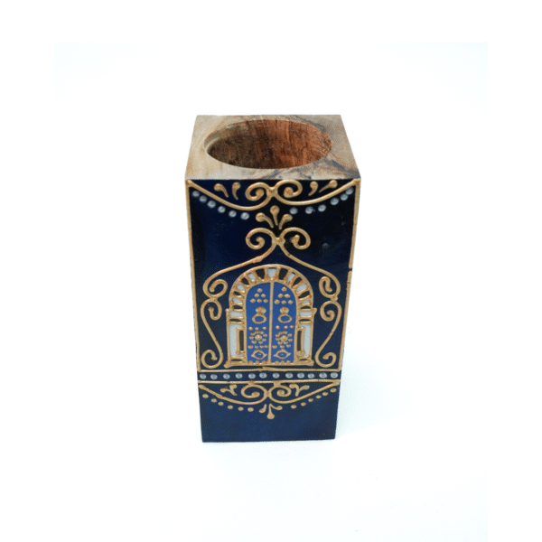 blue-Hand-Painted Olive Wood Candle Holder-nature-pic Olive wood candlestick, blue finish, close-up