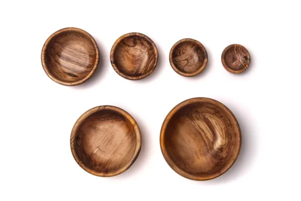 Olive wood bowls set, filled with food