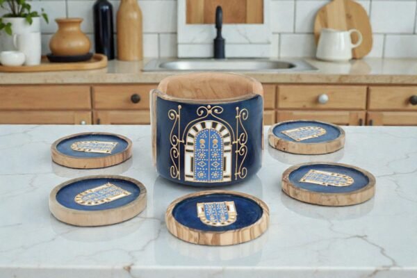 Olive wood painted coasters, close-up of design