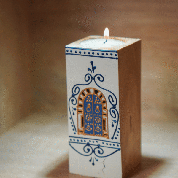 white Hand-Painted Olive Wood Candle Holder Olive wood candlestick, white finish, table setting