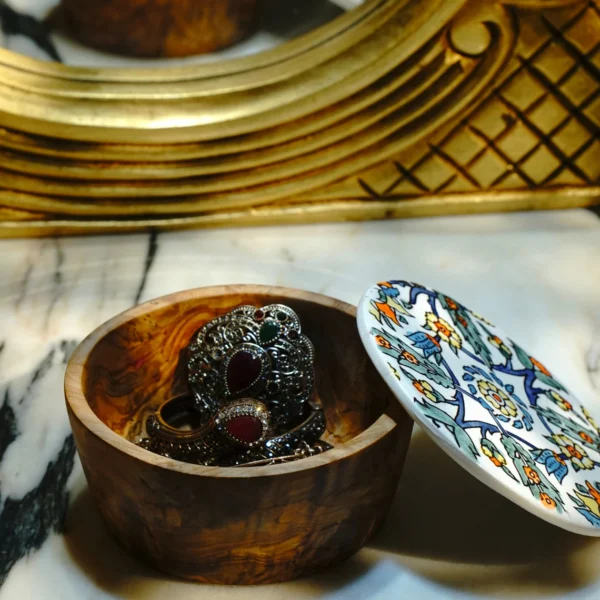 Olive wood storage bowl, lid removed