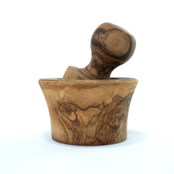 41 Olive wood mortar and pestle, close-up view
