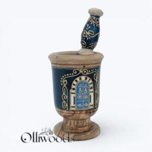 Hand-painted olive wood mortar and pestle, Blue Door design
