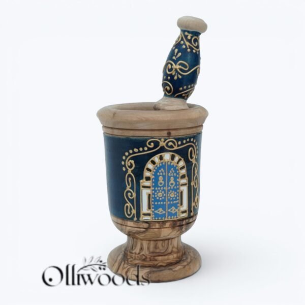 Hand-painted olive wood mortar and pestle, Blue Door design