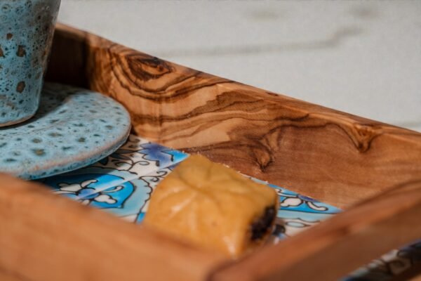 Ceramic Tray (3) Olive wood ceramic serving tray, styled with snacks