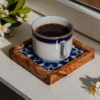 DSC00605 Olive wood ceramic coaster tray, in use under mug