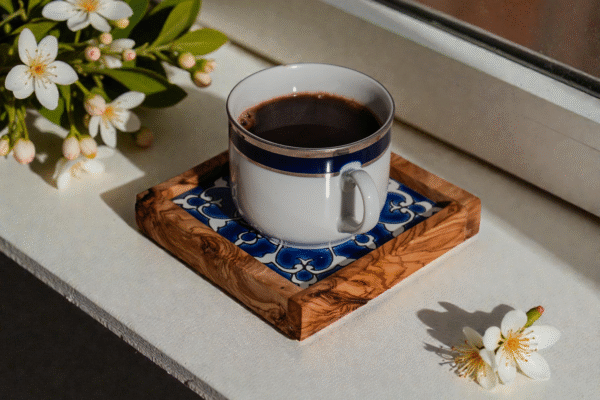 DSC00605 Olive wood ceramic coaster tray, in use under mug