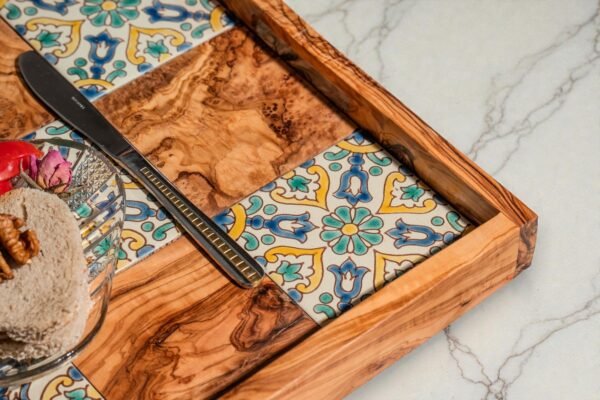 DSC00977 (2) Olive wood ceramic serving tray, styled with breakfast items