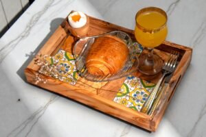 Olive wood ceramic serving tray, styled with food