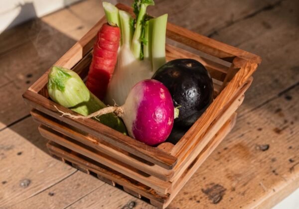 Square Olive Wood Storage Crate Handmade Fruit Box “Atlas Series” Olive wood storage crate with fruit inside