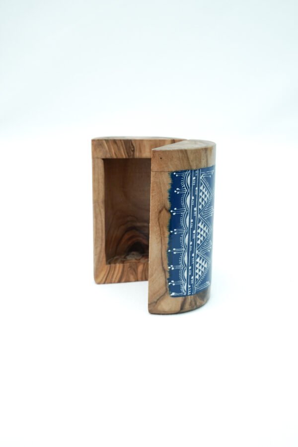 Olive wood keepsake box, close-up of painted design
